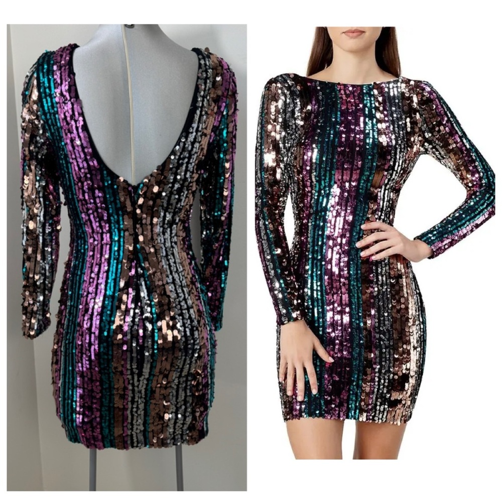 Dress the Population Lola Mini Dress sequin Long Sleeve Body-Con Size Medium